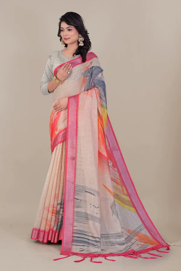 Multicolor_Pure_Linen_Cotton_All_Over_Silver_Lurex_Jari_Line_Silver_Zari_Borders_Saree_For_Women