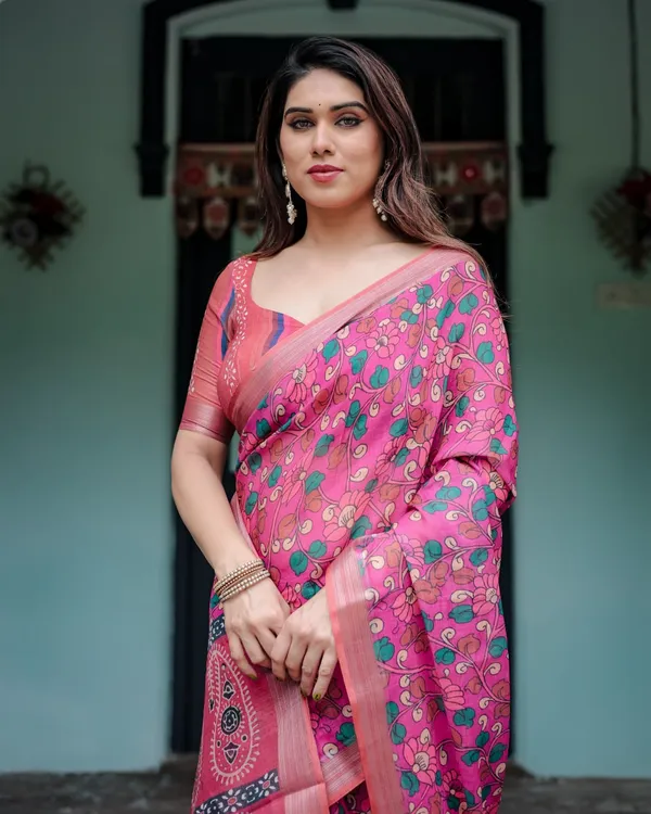 Pink_Floral_Linen_Designer_Pallu_Cotton_Saree_For_Women