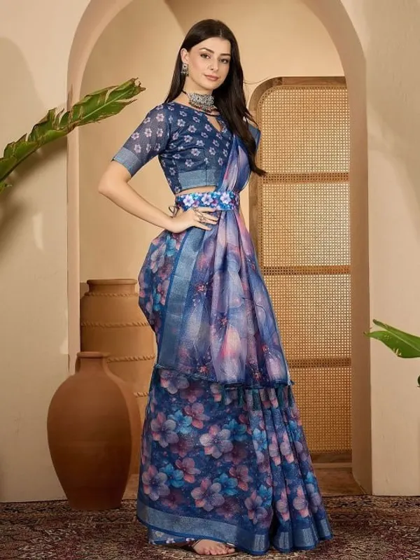 Deep_Blue_Floral_Digital_Print_Linen_Cotton_Saree_For_Women