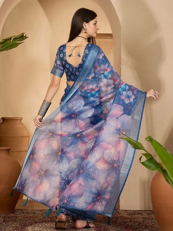 Deep_Blue_Floral_Digital_Print_Linen_Cotton_Saree_For_Women