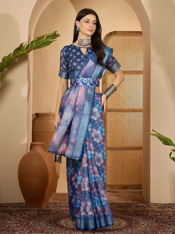 Deep_Blue_Floral_Digital_Print_Linen_Cotton_Saree_For_Women