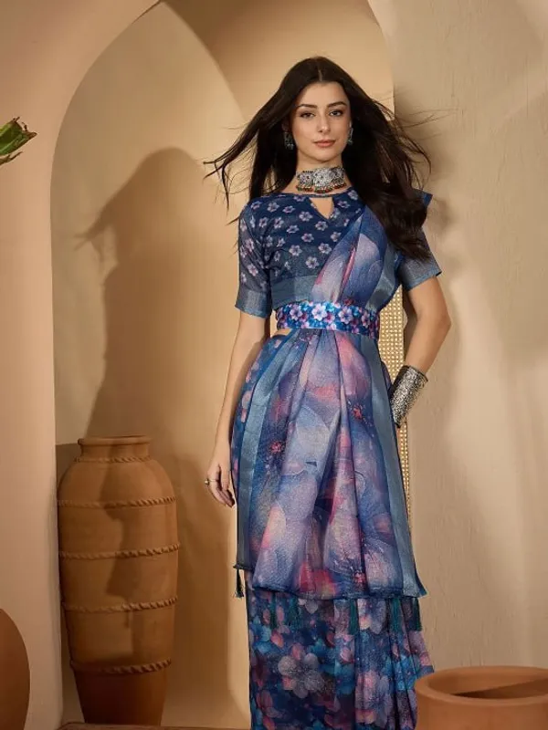 Deep_Blue_Floral_Digital_Print_Linen_Cotton_Saree_For_Women