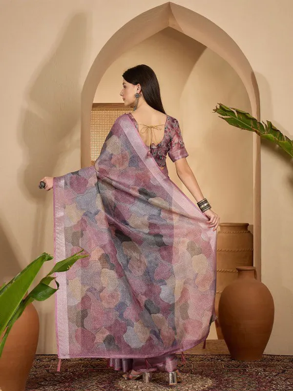 Multicolor_Lavender_Leaf_Digital_Print_Linen_Cotton_Saree_For_Women