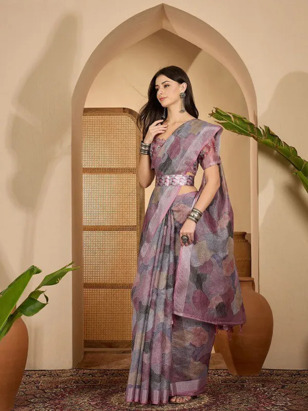 Multicolor_Lavender_Leaf_Digital_Print_Linen_Cotton_Saree_For_Women