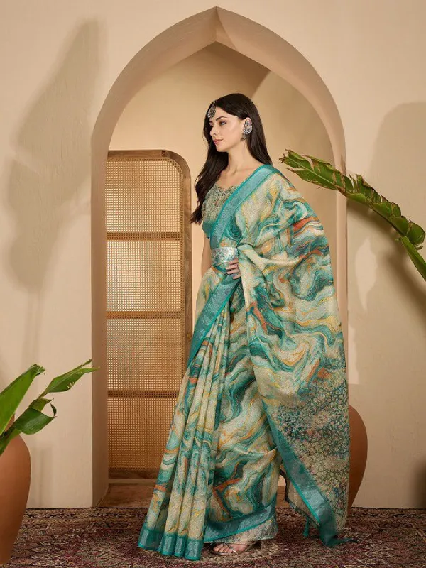 Multicolor_Aqua_Marble_Digital_Print_Linen_Cotton_Saree_For_Women