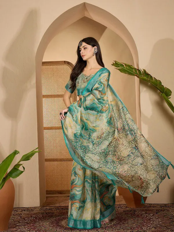Multicolor_Aqua_Marble_Digital_Print_Linen_Cotton_Saree_For_Women