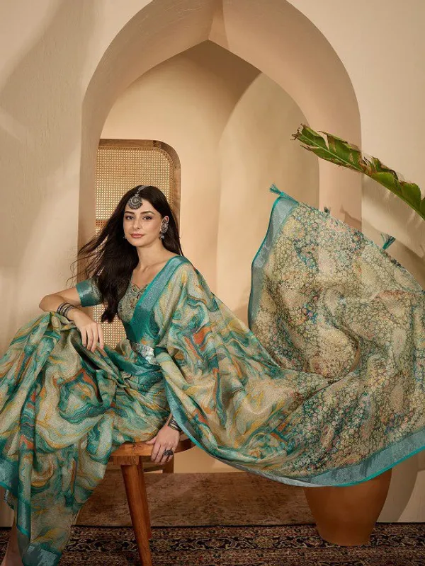 Multicolor_Aqua_Marble_Digital_Print_Linen_Cotton_Saree_For_Women