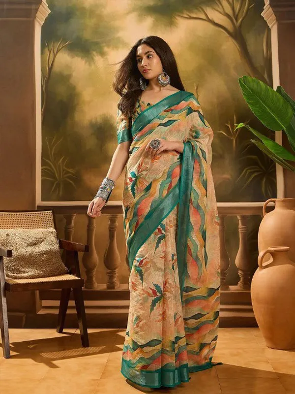 Multicolor_Beige_Abstract_Wave_Linen_Cotton_Saree_For_Women