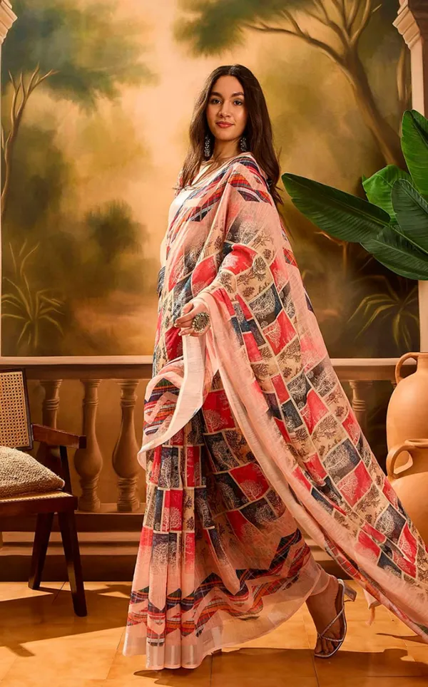 Multicolor_Check_Linen_Cotton_Saree_For_Women