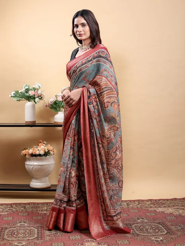 Multicolor_Artistic_Kalamkari_Patola_Print_And_Contrast_Maroon_Border_Saree_For_Women