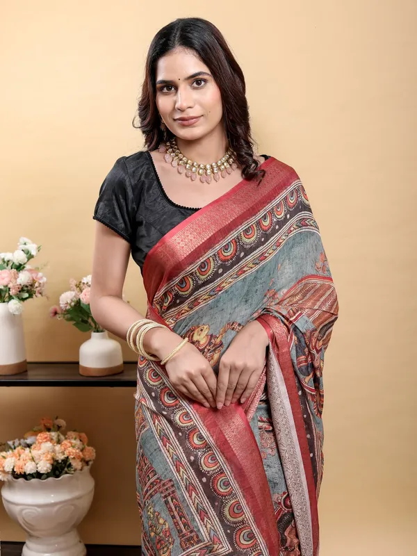 Multicolor_Artistic_Kalamkari_Patola_Print_And_Contrast_Maroon_Border_Saree_For_Women