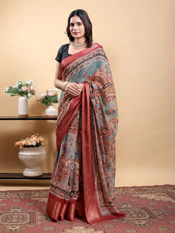 Multicolor_Artistic_Kalamkari_Patola_Print_And_Contrast_Maroon_Border_Saree_For_Women