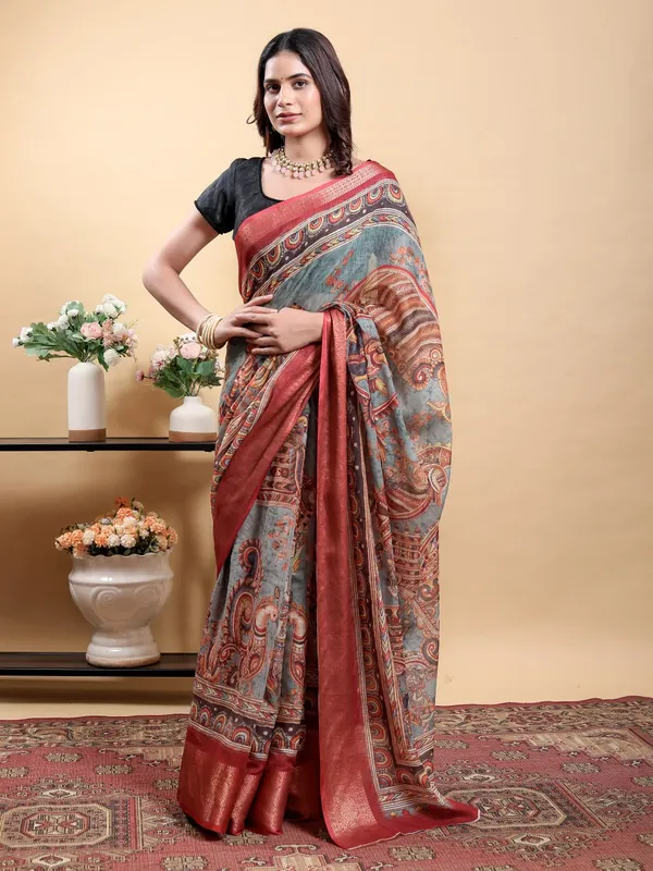 Multicolor_Artistic_Kalamkari_Patola_Print_And_Contrast_Maroon_Border_Saree_For_Women