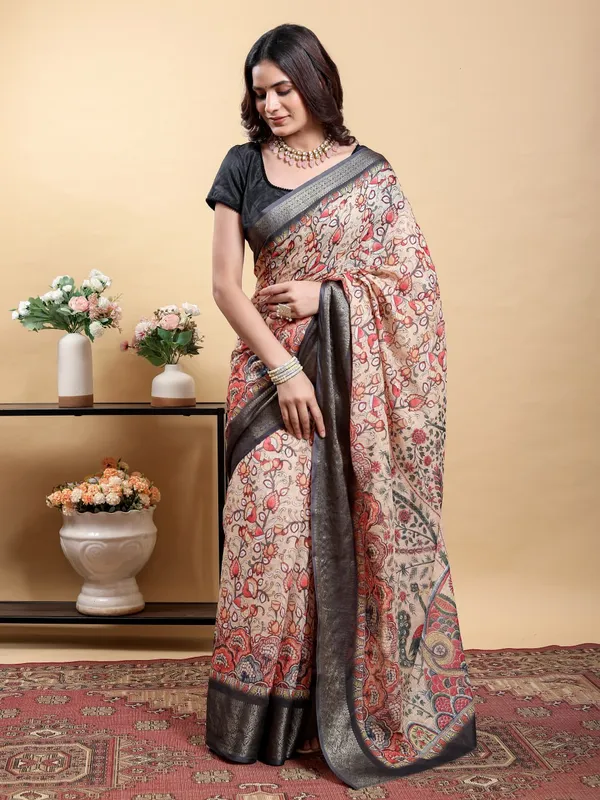 Beige_Elegant_Peacock_Bird_Motif_And_Black_Zari_Border_Kalamkari_Saree_For_Women