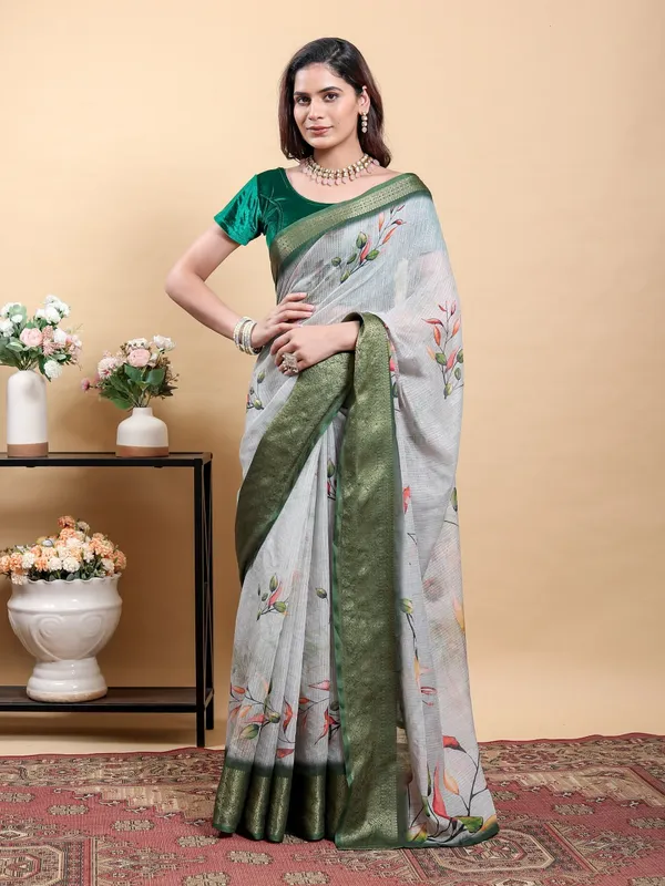 Light_Grey_Modern_Floral_Print_And_Zari_Border_Saree_For_Women