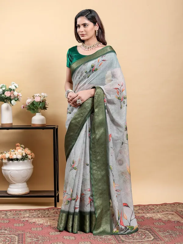 Light_Grey_Modern_Floral_Print_And_Zari_Border_Saree_For_Women