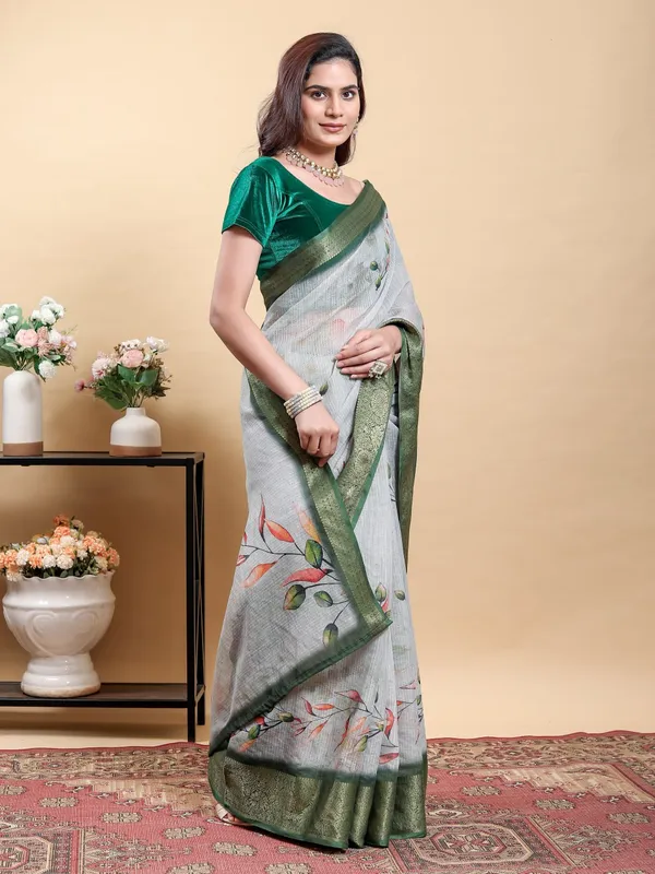 Light_Grey_Modern_Floral_Print_And_Zari_Border_Saree_For_Women