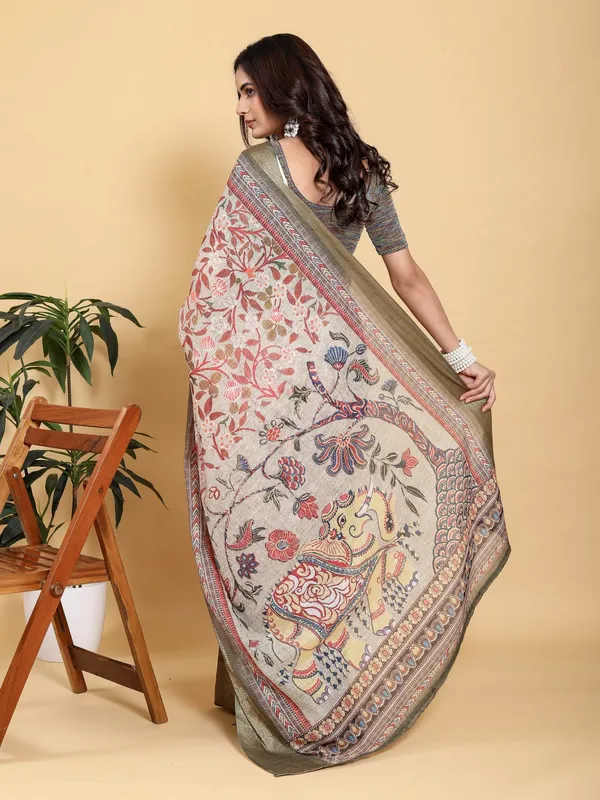 Olive_Green_Elegant_Beige_Kalamkari_Print_Zari_Border_Saree_For_Women