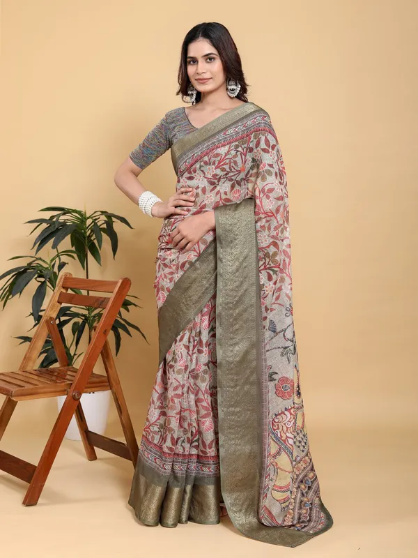 Olive_Green_Elegant_Beige_Kalamkari_Print_Zari_Border_Saree_For_Women
