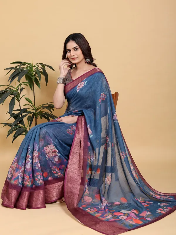 Elegant_Teal_Blue_Maroon_Zari_Border_Floral_Print_Saree_For_Women