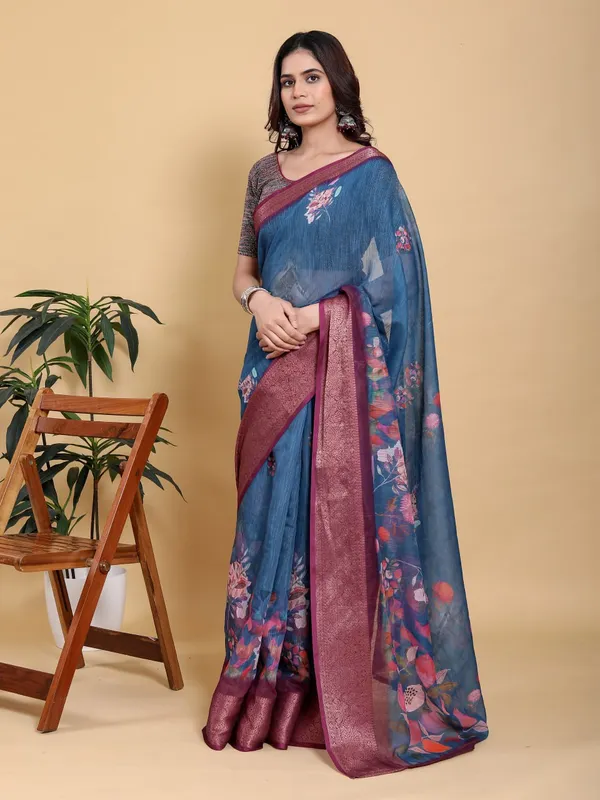 Elegant_Teal_Blue_Maroon_Zari_Border_Floral_Print_Saree_For_Women
