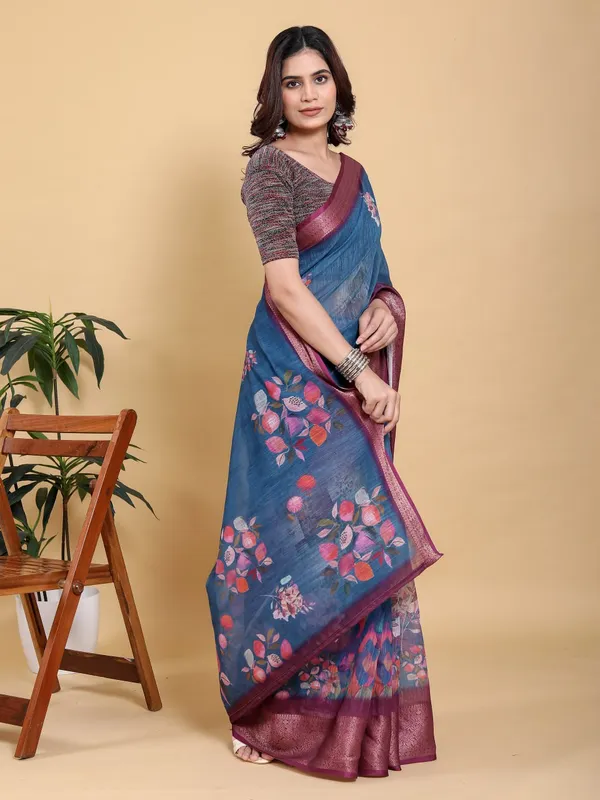 Elegant_Teal_Blue_Maroon_Zari_Border_Floral_Print_Saree_For_Women