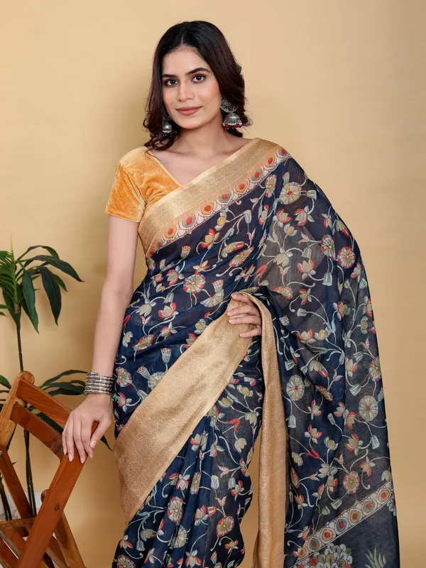 Navy_Blue_Elegant_Floral_Print_Deer_Motif_And_Zari_Border_Saree_For_Women