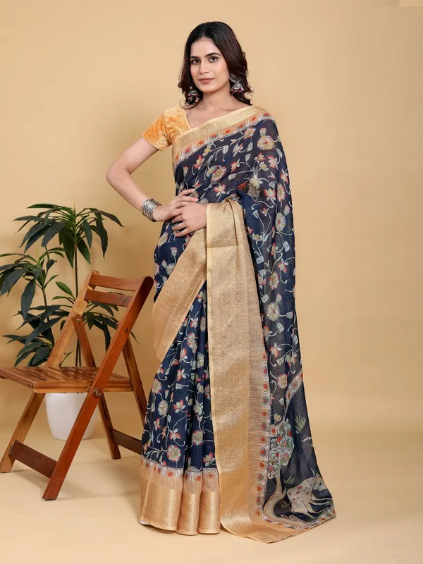 Navy_Blue_Elegant_Floral_Print_Deer_Motif_And_Zari_Border_Saree_For_Women