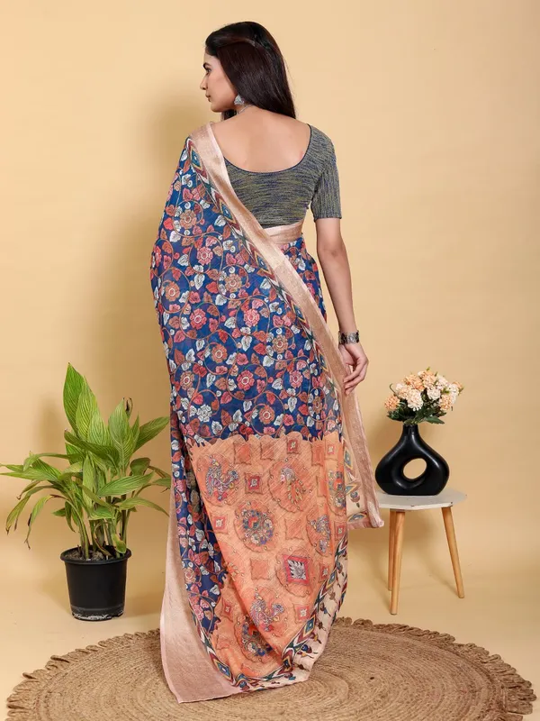 Navy_And_Copper_Floral_Linen_Cotton_Saree_For_Women