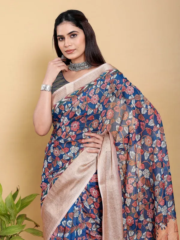 Navy_And_Copper_Floral_Linen_Cotton_Saree_For_Women