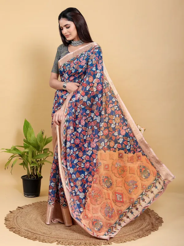 Navy_And_Copper_Floral_Linen_Cotton_Saree_For_Women