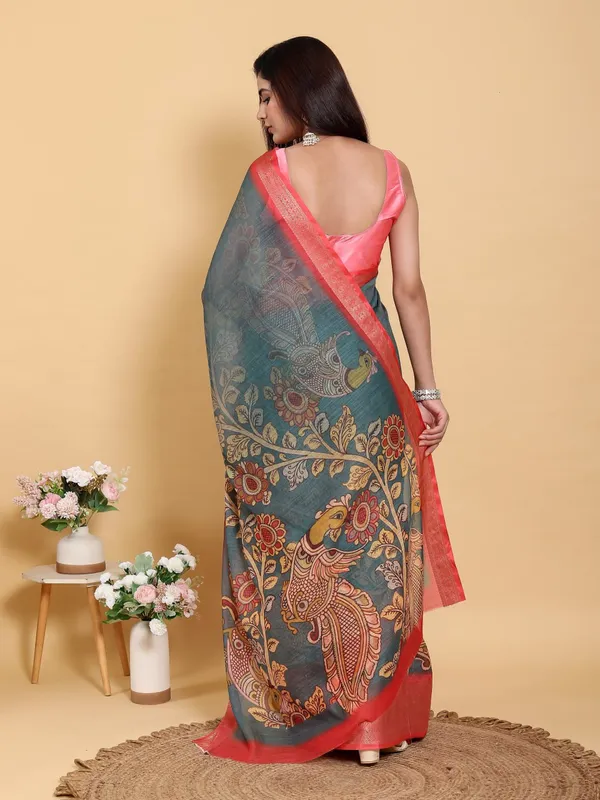 Multicolor_Elegant_Peacock_And_Floral_Kalamkari_Design_Linen_Cotton_Saree_For_Women