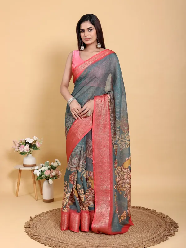Multicolor_Elegant_Peacock_And_Floral_Kalamkari_Design_Linen_Cotton_Saree_For_Women