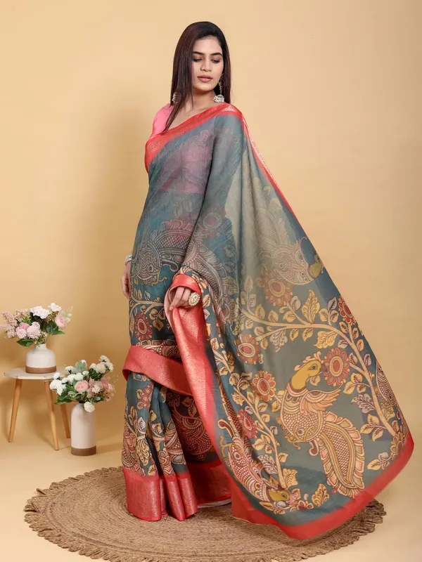Multicolor_Elegant_Peacock_And_Floral_Kalamkari_Design_Linen_Cotton_Saree_For_Women