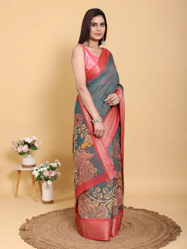 Multicolor_Elegant_Peacock_And_Floral_Kalamkari_Design_Linen_Cotton_Saree_For_Women