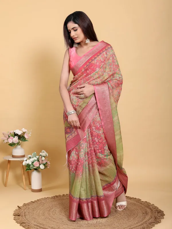 Multicolor_Elegant_Pink_Green_Jacquard_Linen_Cotton_Saree_For_Women