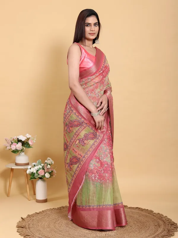 Multicolor_Elegant_Pink_Green_Jacquard_Linen_Cotton_Saree_For_Women