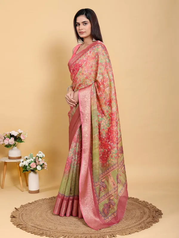 Multicolor_Elegant_Pink_Green_Jacquard_Linen_Cotton_Saree_For_Women