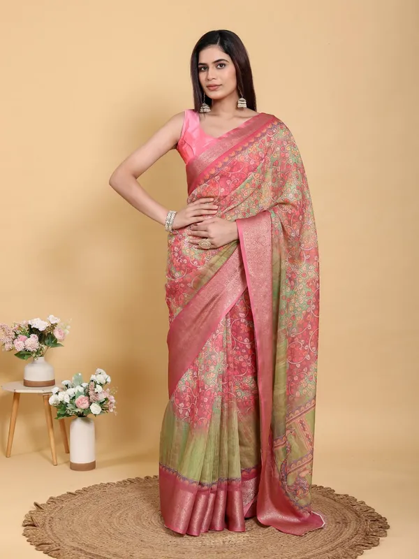 Multicolor_Elegant_Pink_Green_Jacquard_Linen_Cotton_Saree_For_Women