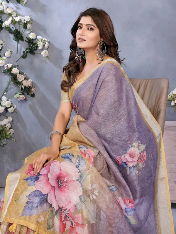 Lavender_And_Yellow_Floral_Printed_Saree_For_Women