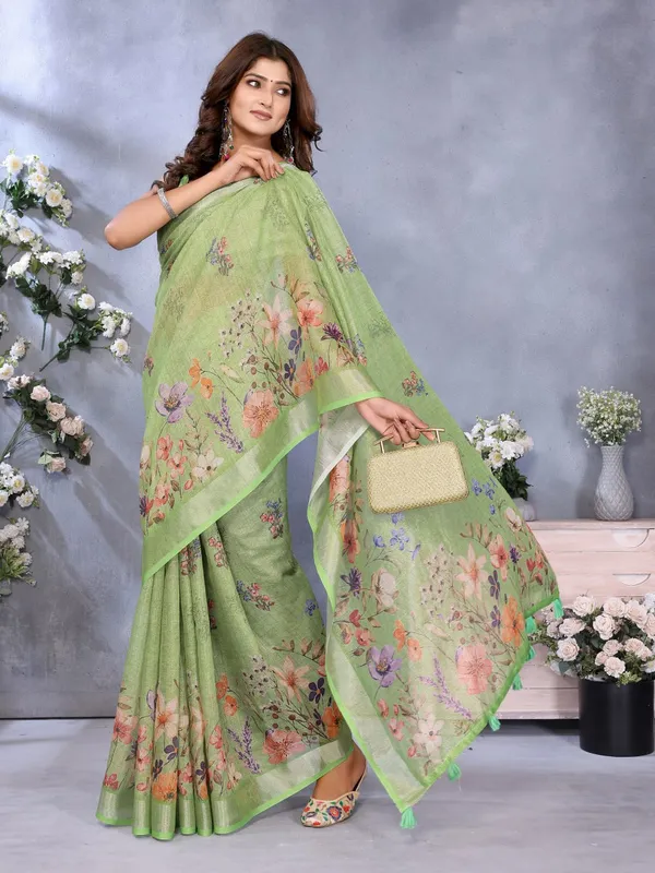 Lime_Green_Floral_Printed_Saree_For_Women
