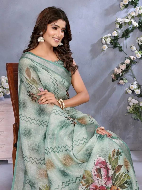 Mint_Green_Floral_Printed_Saree_For_Women