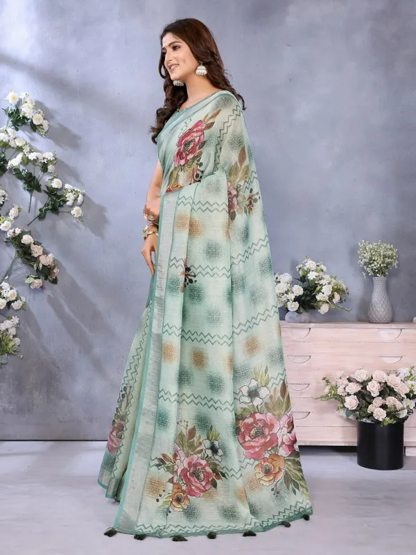 Mint_Green_Floral_Printed_Saree_For_Women