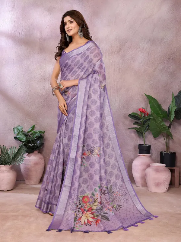 Lavender_Floral_Linen_Shimmer_Saree_For_Women