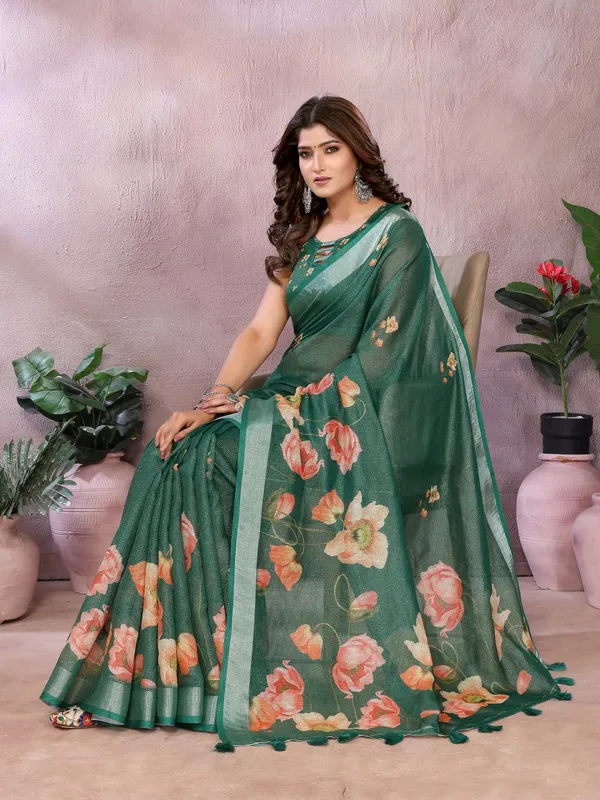 Green_Floral_Linen_Shimmer_Saree_For_Women