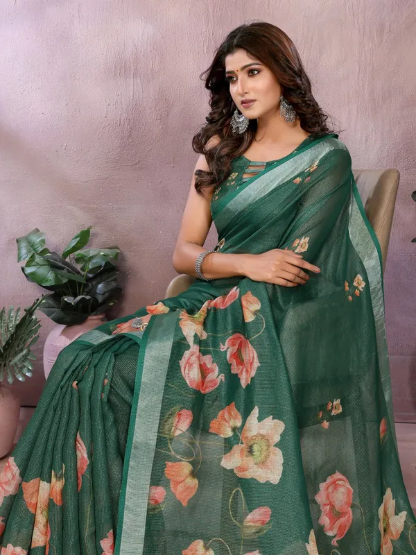Green_Floral_Linen_Shimmer_Saree_For_Women