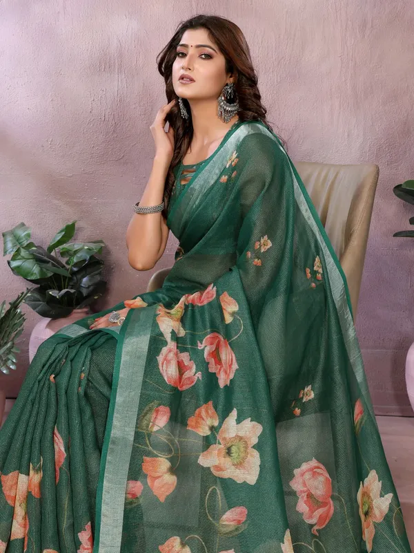 Green_Floral_Linen_Shimmer_Saree_For_Women