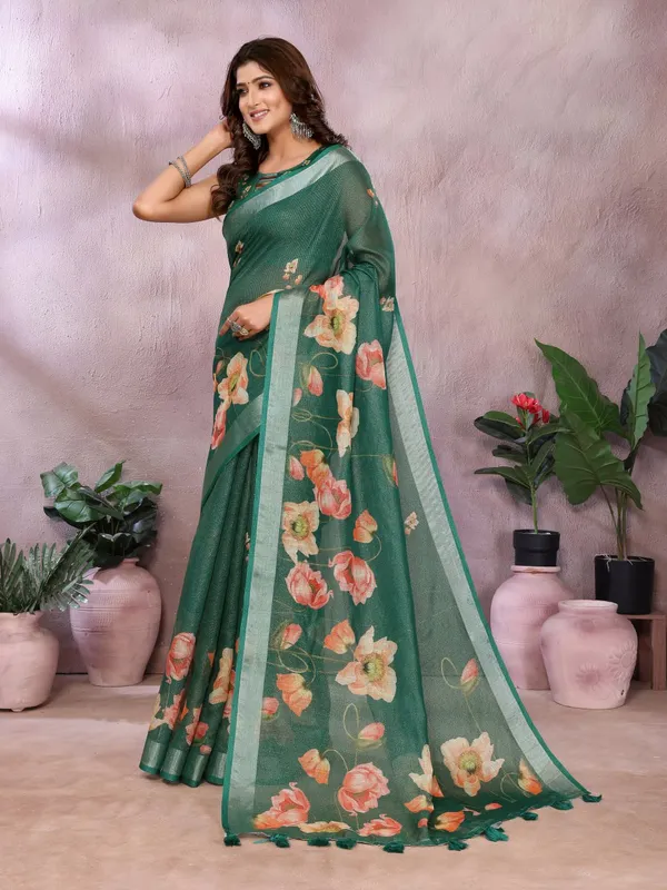 Green_Floral_Linen_Shimmer_Saree_For_Women