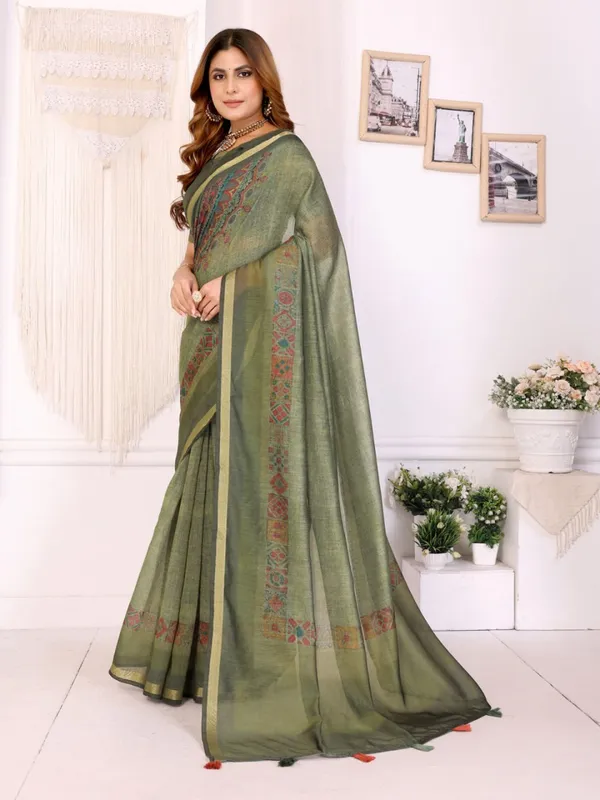 Olive_Green_Chanderi_Woven_Design_Saree_For_Women