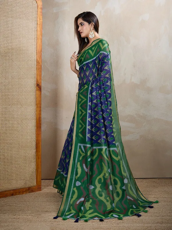 Green_And_Blue_Ikat_Printed_Chanderi_Saree_For_Women